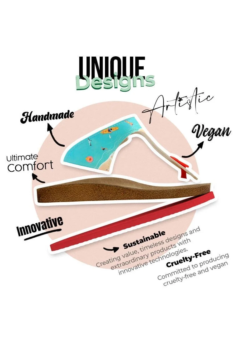 Femme Cuir Vegan Multicolore Sandales - A Bird's Eye View of Beach Motif