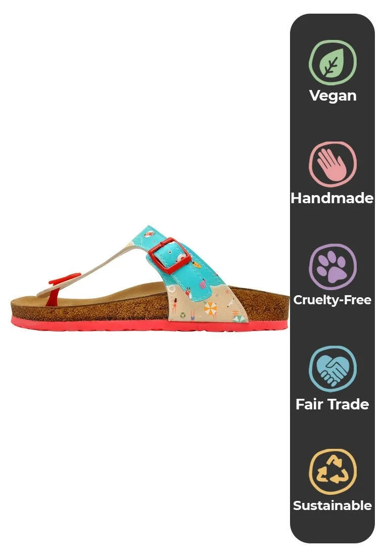 Femme Cuir Vegan Multicolore Sandales - A Bird's Eye View of Beach Motif