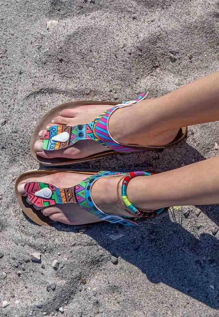 Femme Cuir Vegan Multicolore Sandales - Colors of Patterns Motif