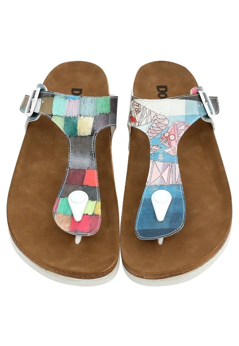 Femme Cuir Vegan Multicolore Sandales - Yabara with Fish Motif