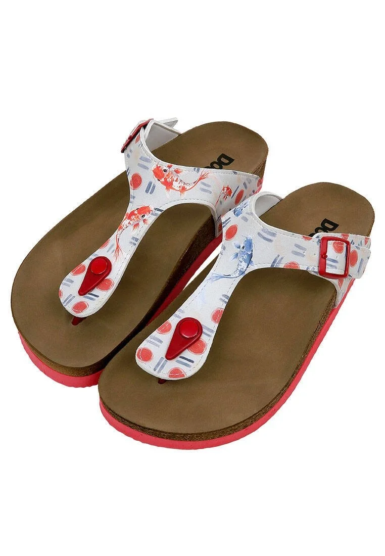 Femme Cuir Vegan Multicolore Sandales - Red Fish Bleu Fish Motif