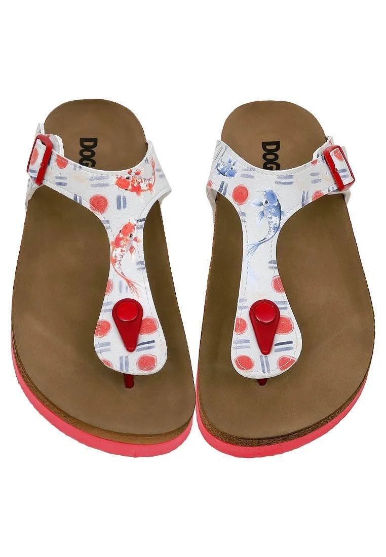 Femme Cuir Vegan Multicolore Sandales - Red Fish Bleu Fish Motif