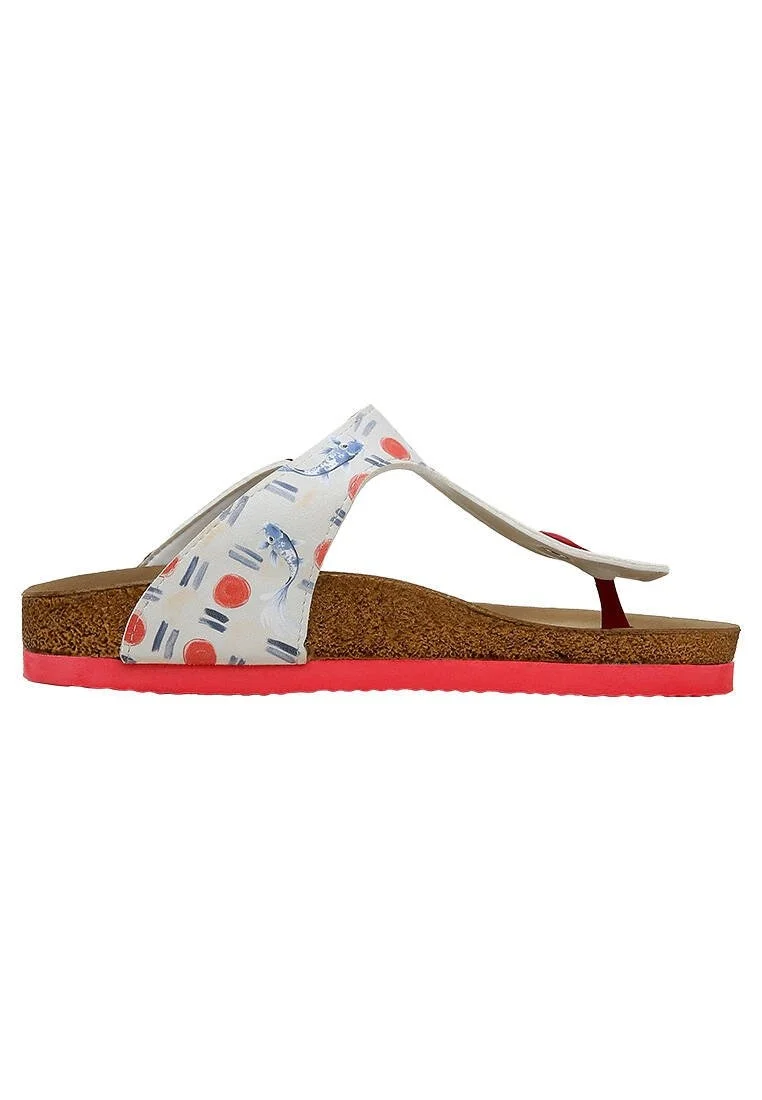 Femme Cuir Vegan Multicolore Sandales - Red Fish Bleu Fish Motif