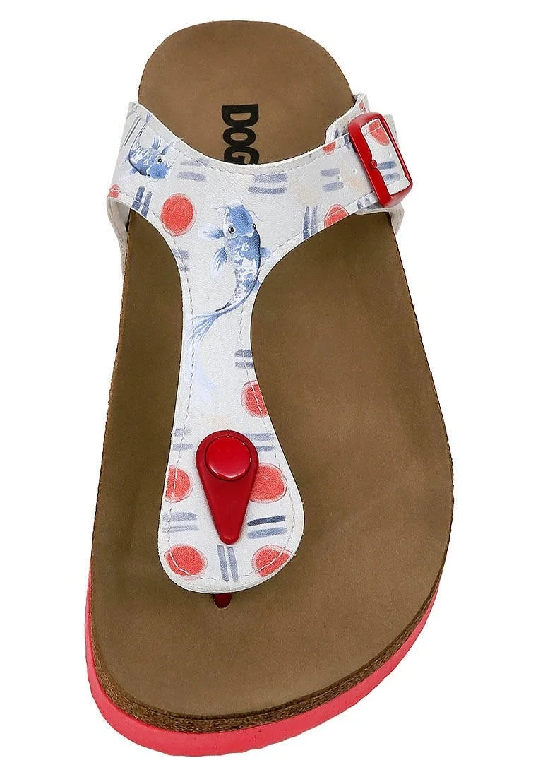Femme Cuir Vegan Multicolore Sandales - Red Fish Bleu Fish Motif