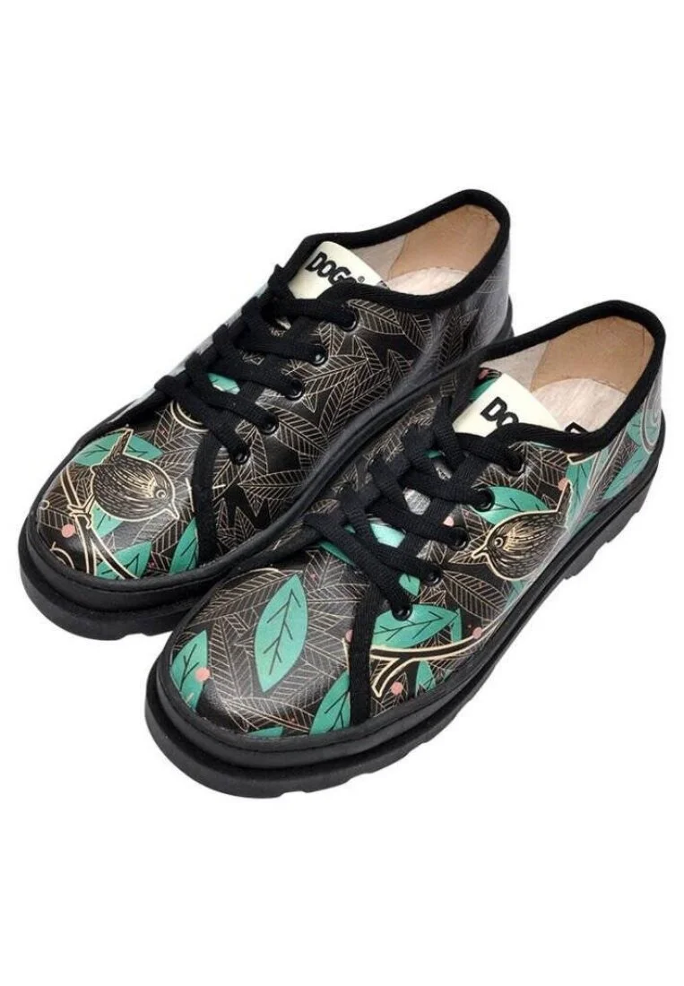Femme Cuir Vegan Noir Baskets - Bird and Leaves Motif