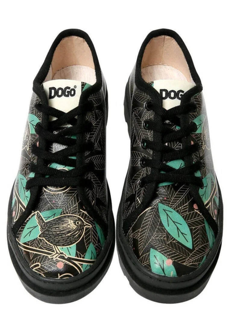 Femme Cuir Vegan Noir Baskets - Bird and Leaves Motif
