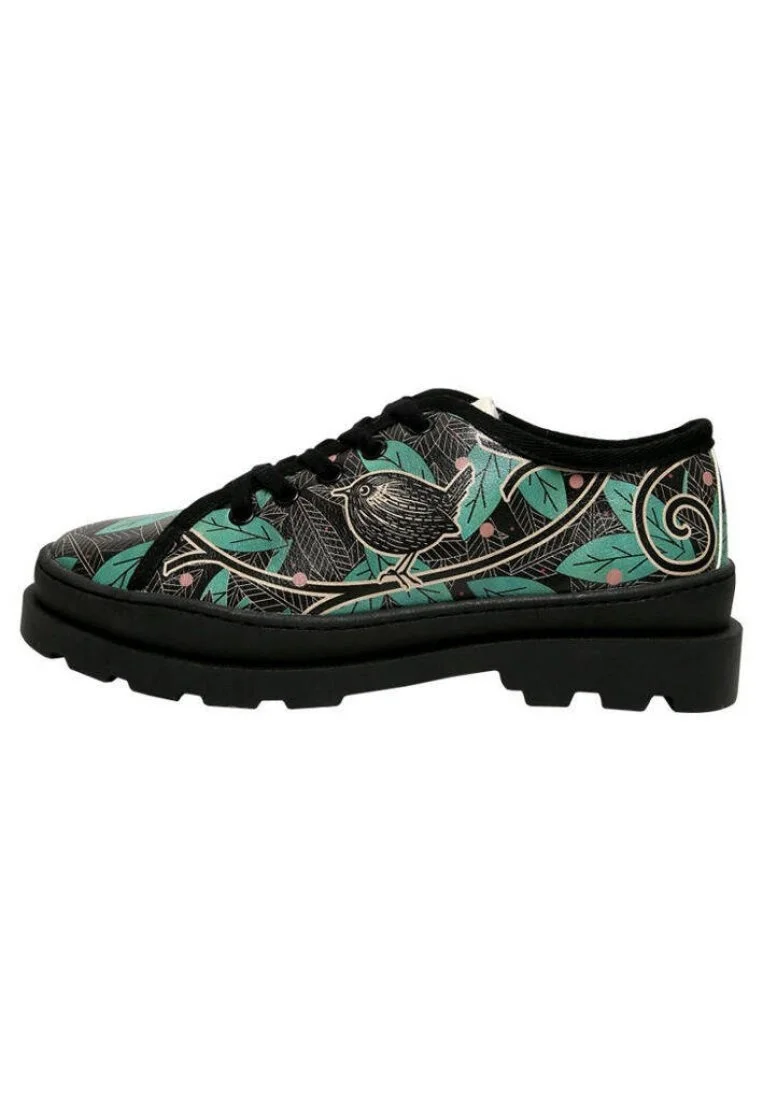 Femme Cuir Vegan Noir Baskets - Bird and Leaves Motif