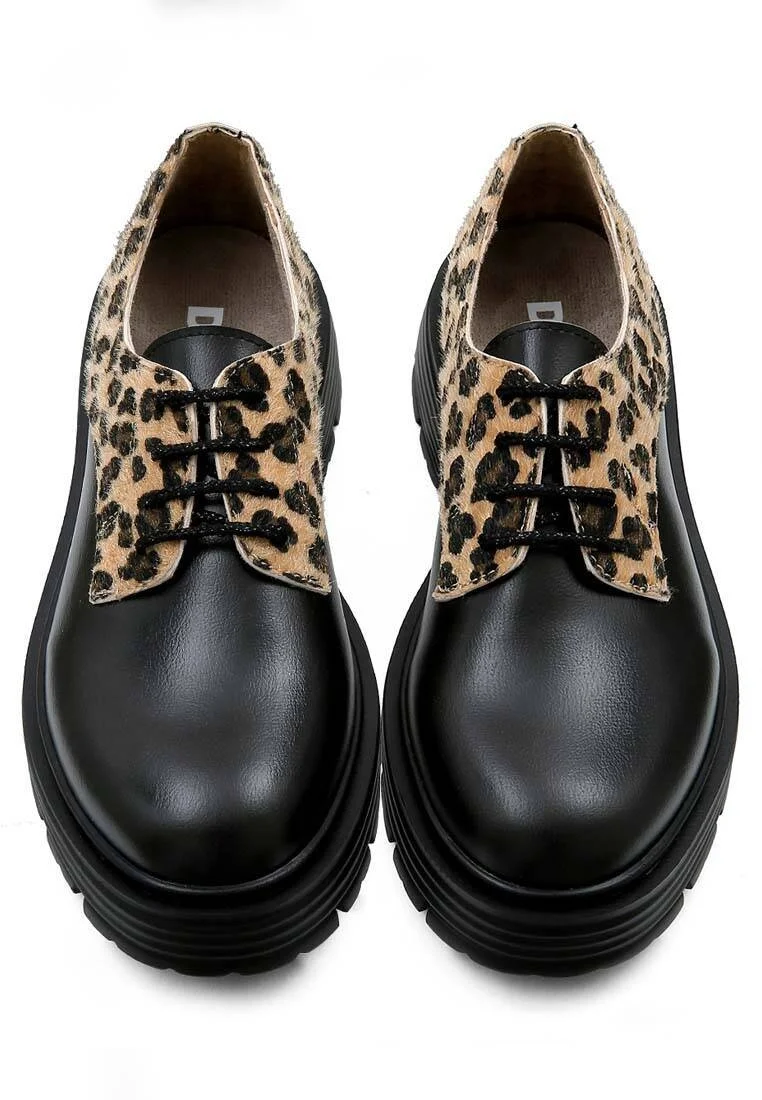Femme Cuir Vegan Noir Baskets - Black Leo Motif
