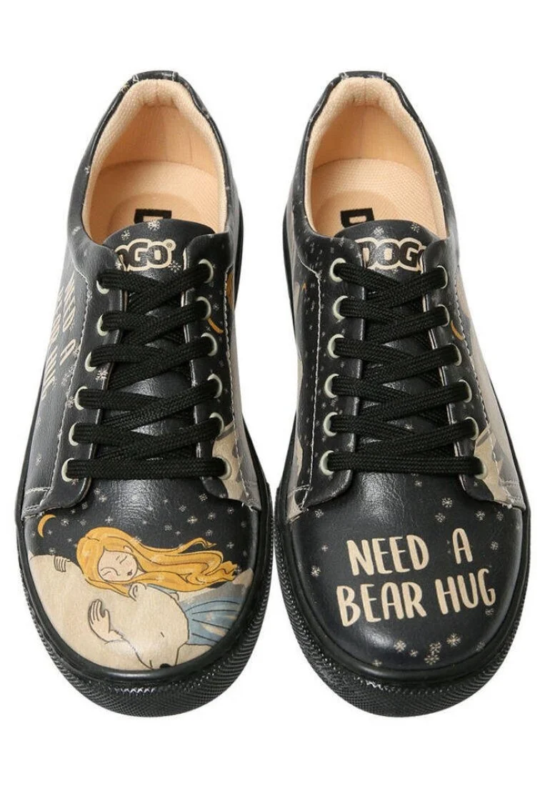 Femme Cuir Vegan Noir Baskets - Need a Bear Hug Motif