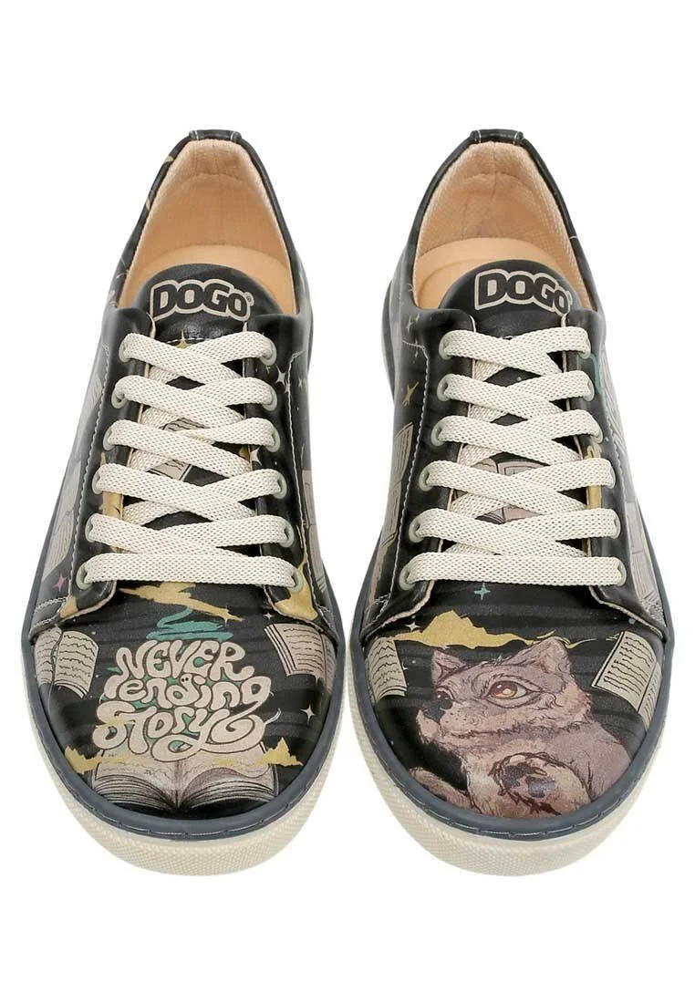 Femme Cuir Vegan Noir Baskets - Never Ending Story Motif