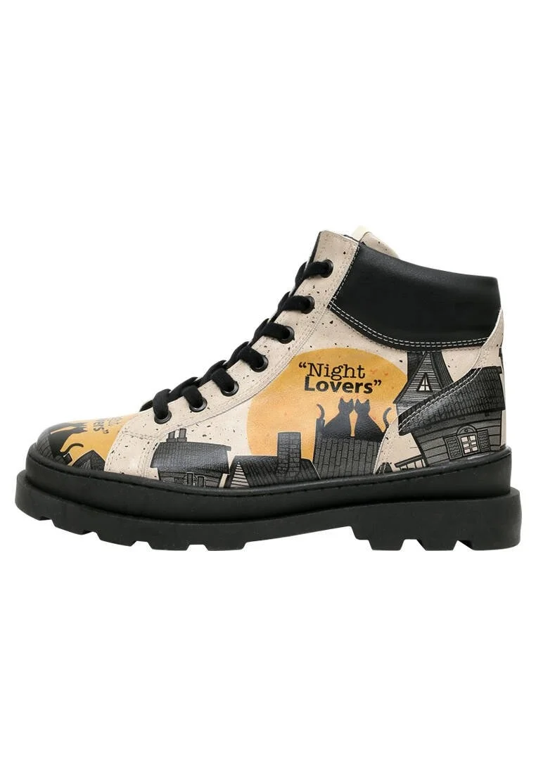 Femme Cuir Vegan Noir Bottes - Night Lovers Motif