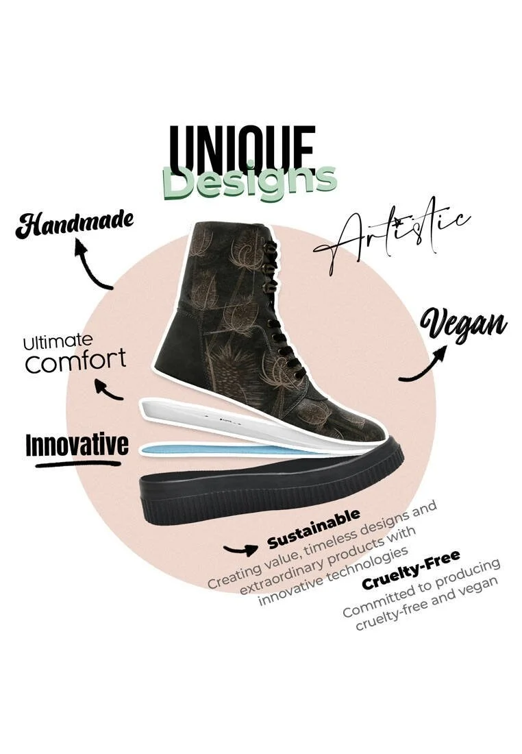 Femme Cuir Vegan Noir Bottes Longues - Goldfinch Motif