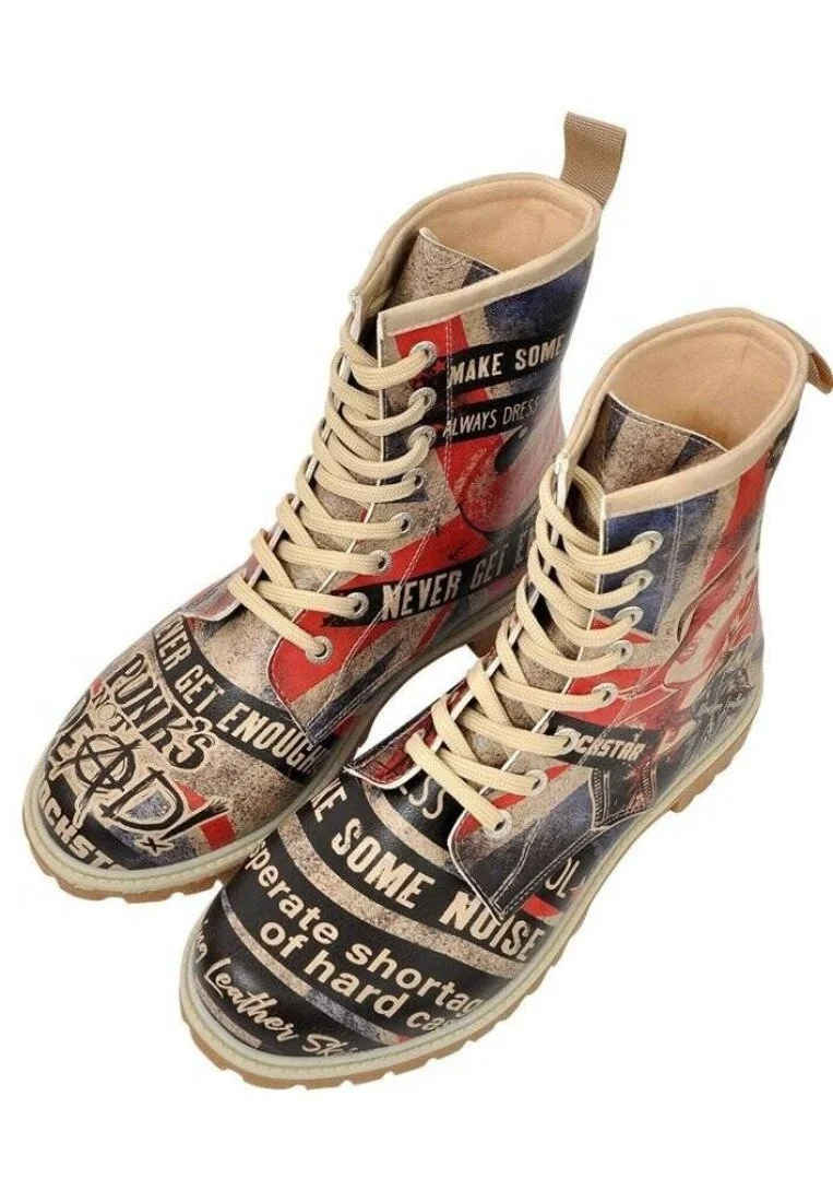 Femme Cuir Vegan Noir Bottes Longues - British Punk Motif
