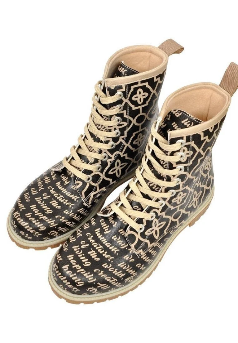 Femme Cuir Vegan Noir Bottes Longues - Letter to Humanity Motif