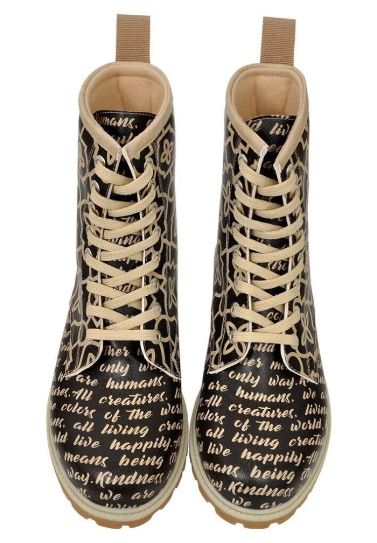Femme Cuir Vegan Noir Bottes Longues - Letter to Humanity Motif