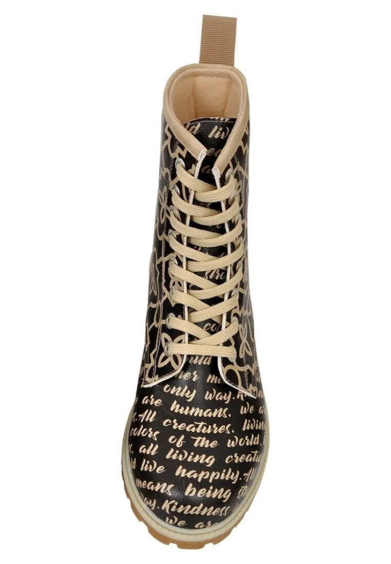 Femme Cuir Vegan Noir Bottes Longues - Letter to Humanity Motif