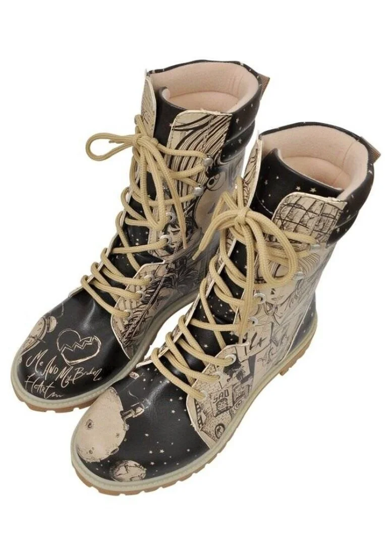 Femme Cuir Vegan Noir Bottes Longues - My Broken Heart Motif