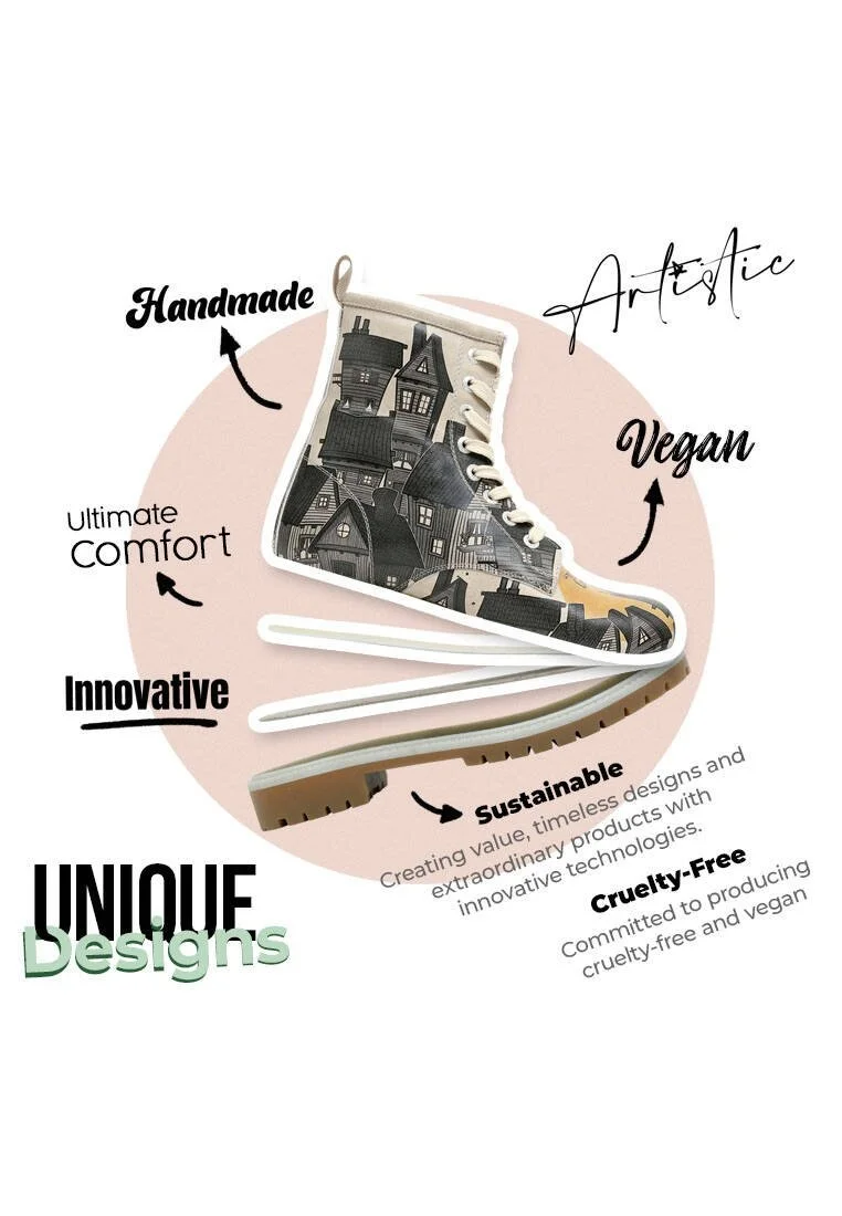 Femme Cuir Vegan Noir Bottes Longues - Night Lovers Motif