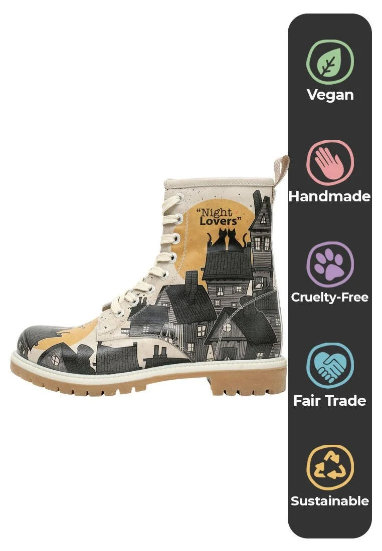 Femme Cuir Vegan Noir Bottes Longues - Night Lovers Motif