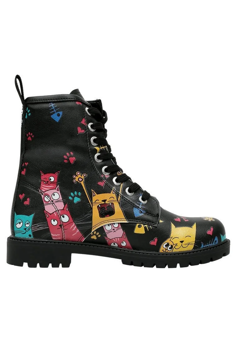 Femme Cuir Vegan Noir Bottes Longues - Cat Lovers Motif