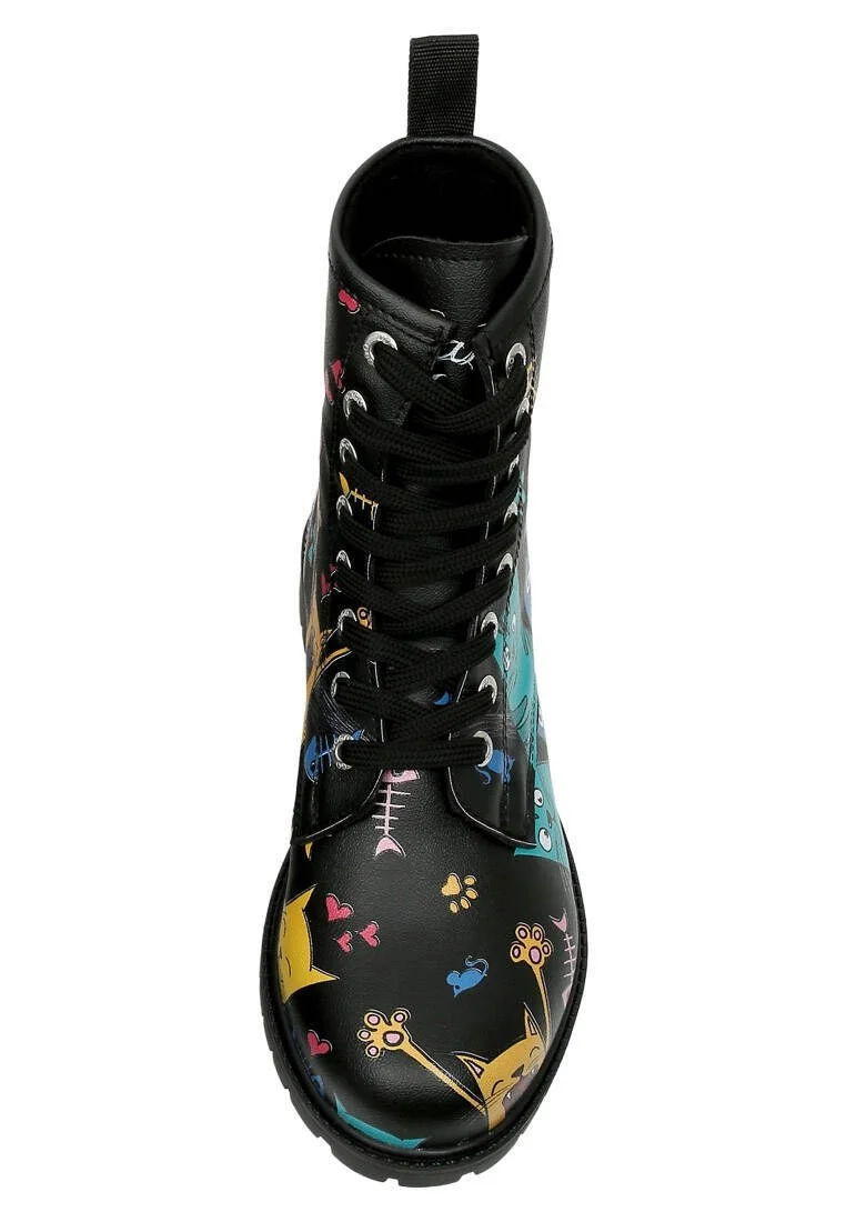 Femme Cuir Vegan Noir Bottes Longues - Cat Lovers Motif