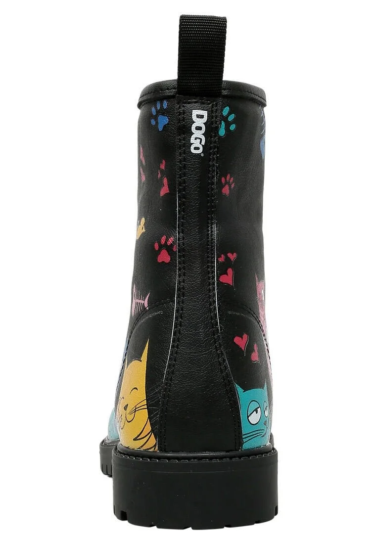 Femme Cuir Vegan Noir Bottes Longues - Cat Lovers Motif