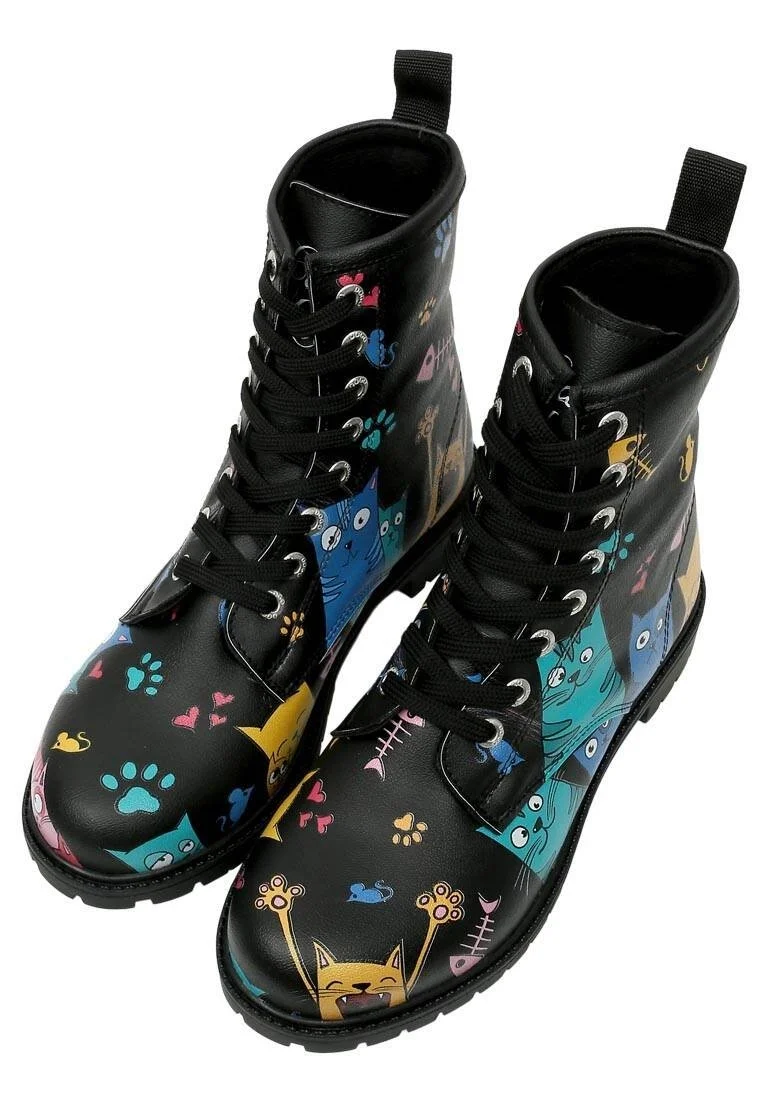 Femme Cuir Vegan Noir Bottes Longues - Cat Lovers Motif