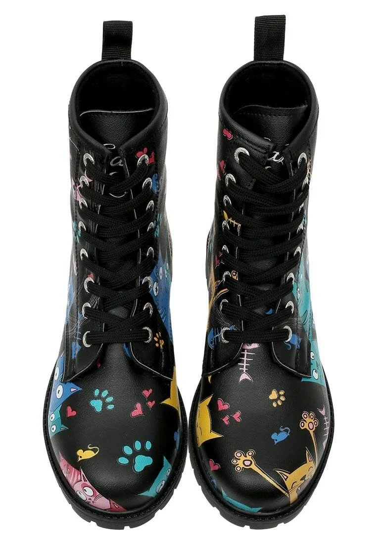 Femme Cuir Vegan Noir Bottes Longues - Cat Lovers Motif