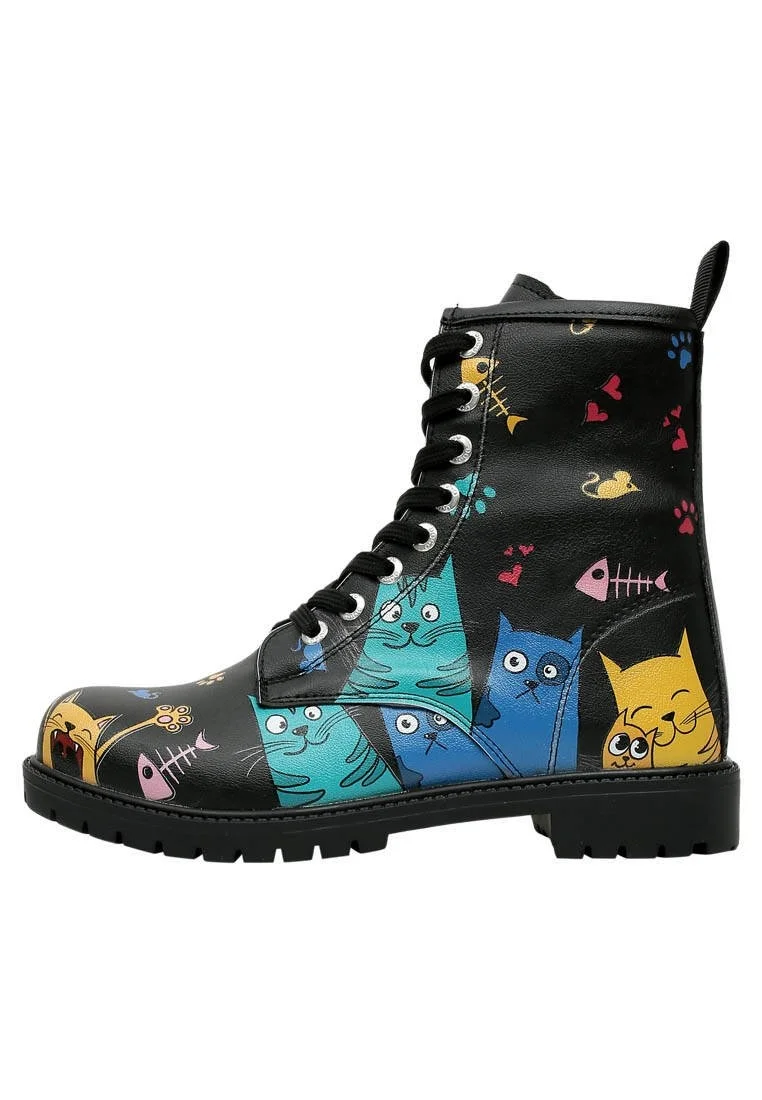 Femme Cuir Vegan Noir Bottes Longues - Cat Lovers Motif