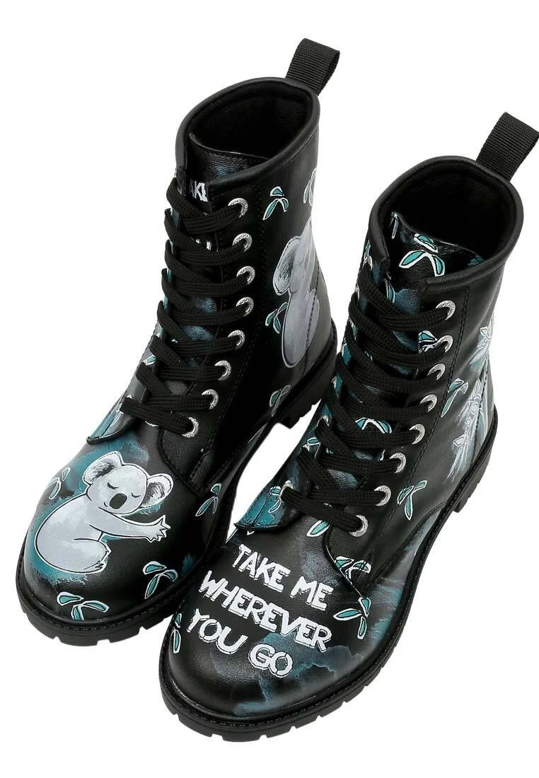 Femme Cuir Vegan Noir Bottes Longues - Koala Hug Motif