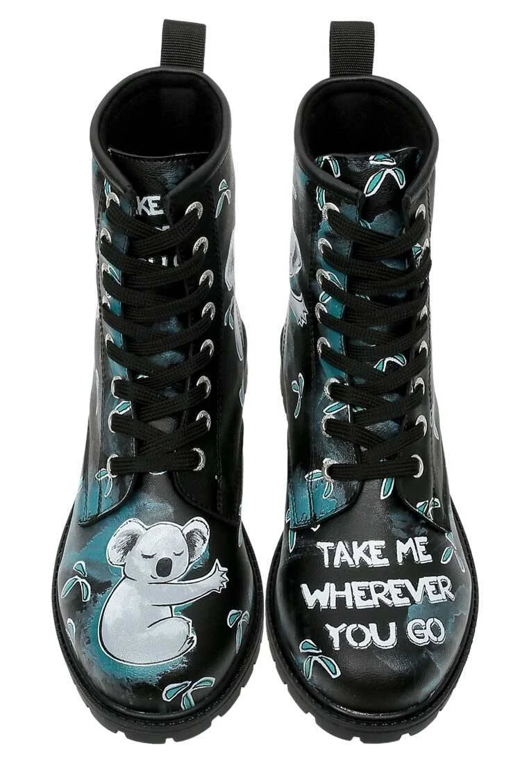 Femme Cuir Vegan Noir Bottes Longues - Koala Hug Motif
