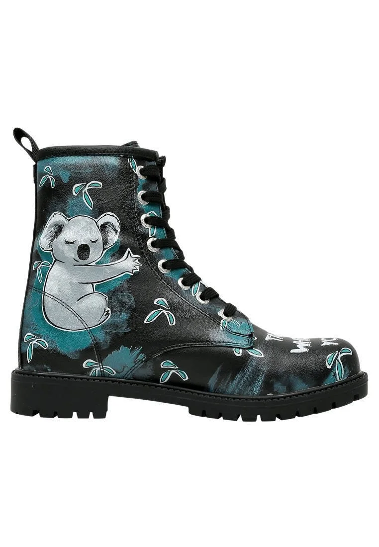 Femme Cuir Vegan Noir Bottes Longues - Koala Hug Motif