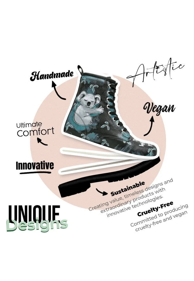 Femme Cuir Vegan Noir Bottes Longues - Koala Hug Motif