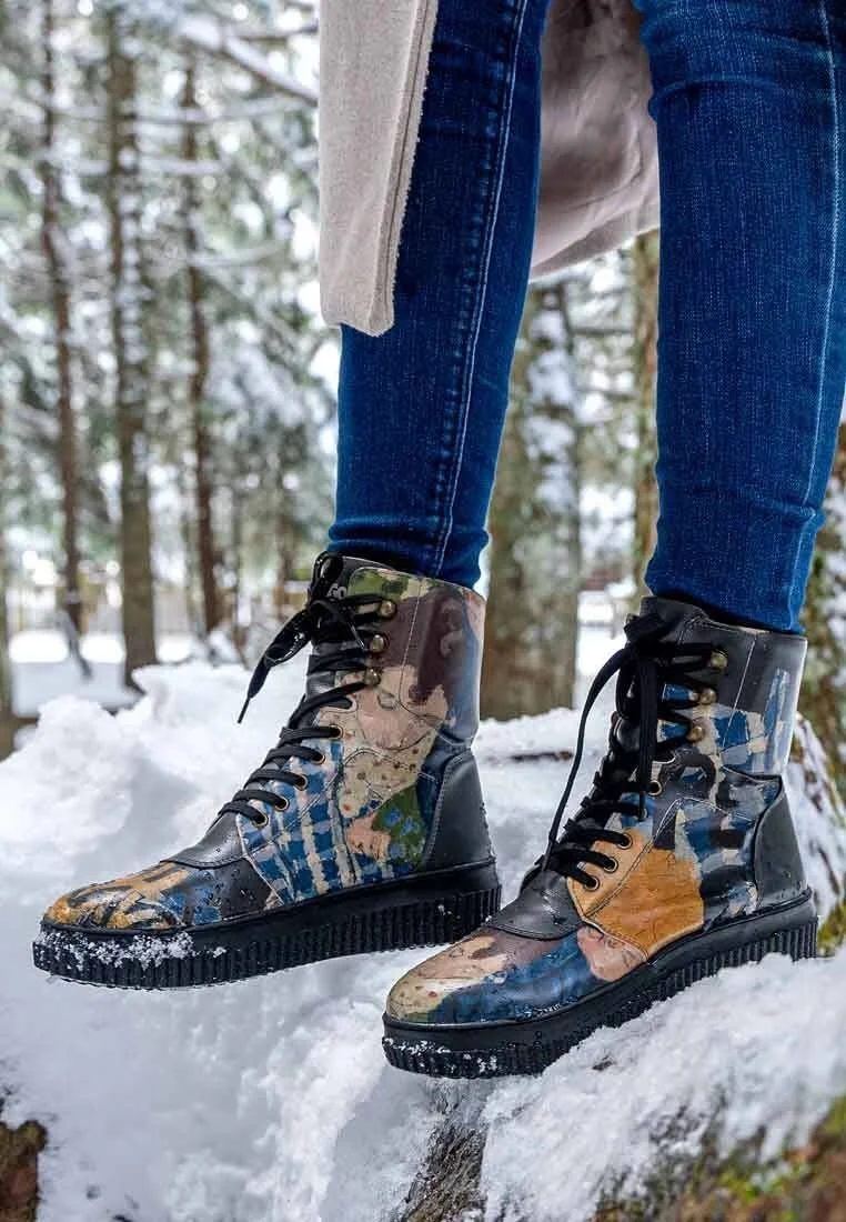 Femme Cuir Vegan Noir Bottes Longues - Les Peintres Motif
