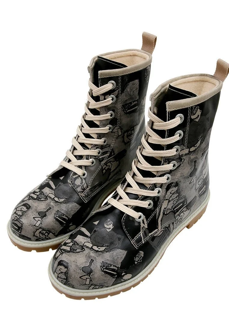 Femme Cuir Vegan Noir Bottes Longues - Supper BlackWhite Motif
