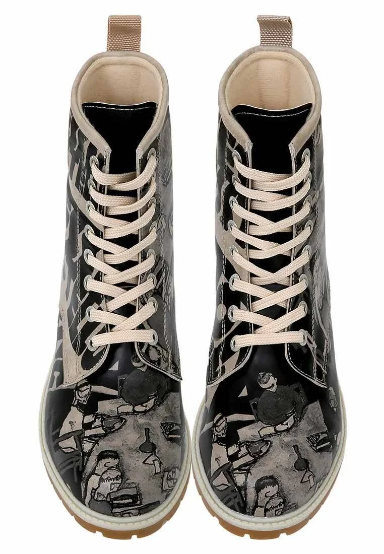 Femme Cuir Vegan Noir Bottes Longues - Supper BlackWhite Motif