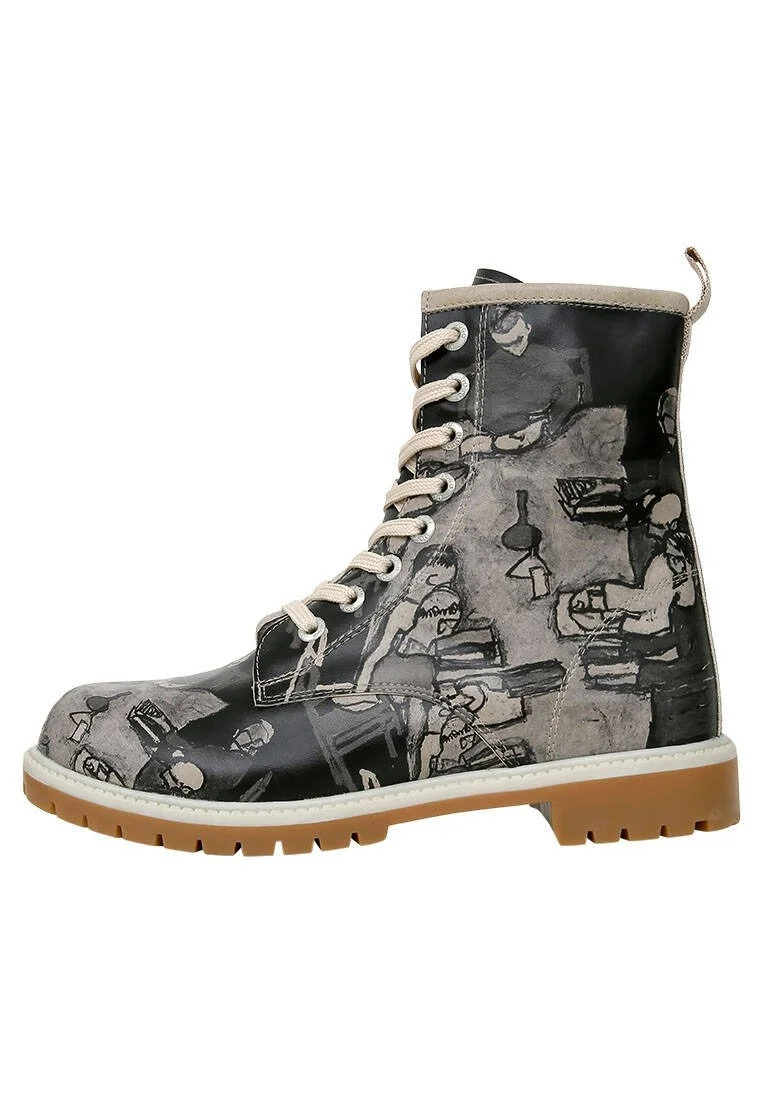 Femme Cuir Vegan Noir Bottes Longues - Supper BlackWhite Motif