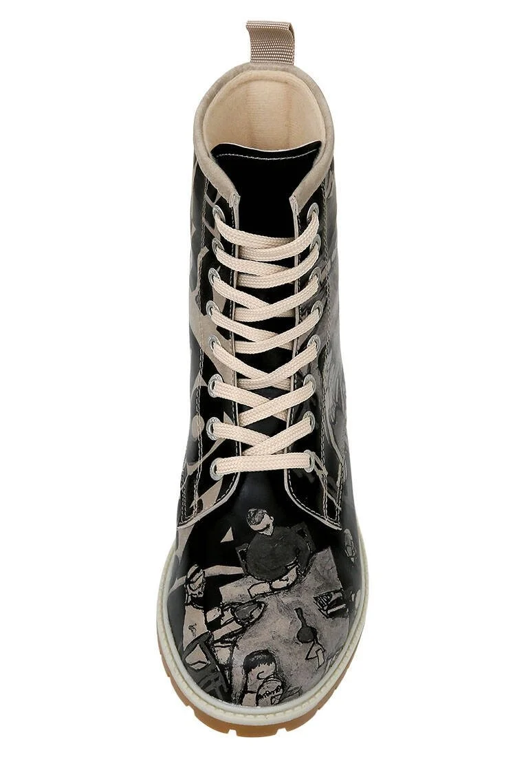 Femme Cuir Vegan Noir Bottes Longues - Supper BlackWhite Motif