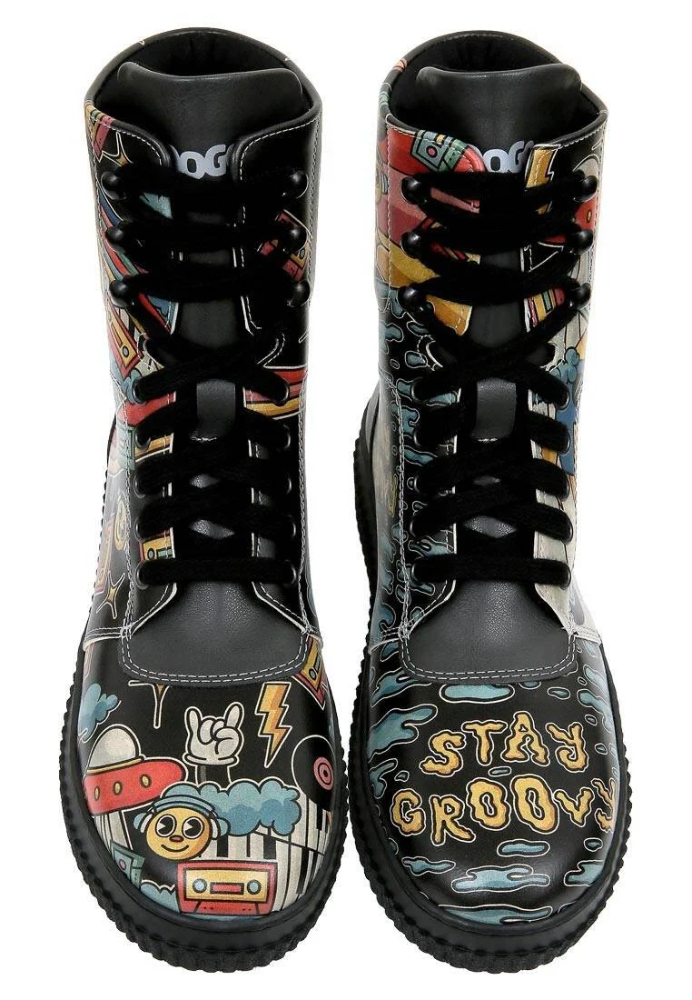 Femme Cuir Vegan Noir Bottes Longues - Stay Groovy Motif