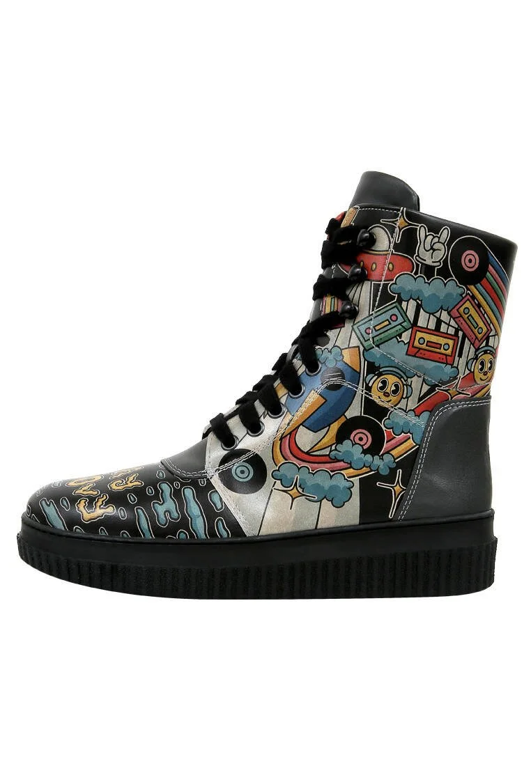 Femme Cuir Vegan Noir Bottes Longues - Stay Groovy Motif