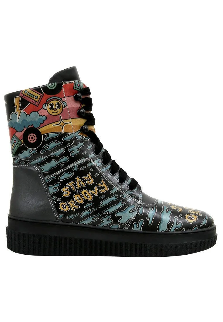 Femme Cuir Vegan Noir Bottes Longues - Stay Groovy Motif