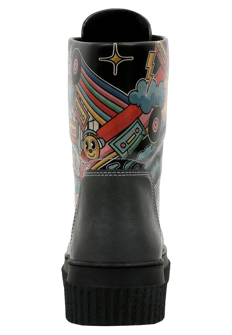 Femme Cuir Vegan Noir Bottes Longues - Stay Groovy Motif