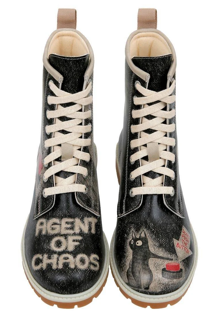 Femme Cuir Vegan Noir Bottes Longues - Agent of Chaos Motif