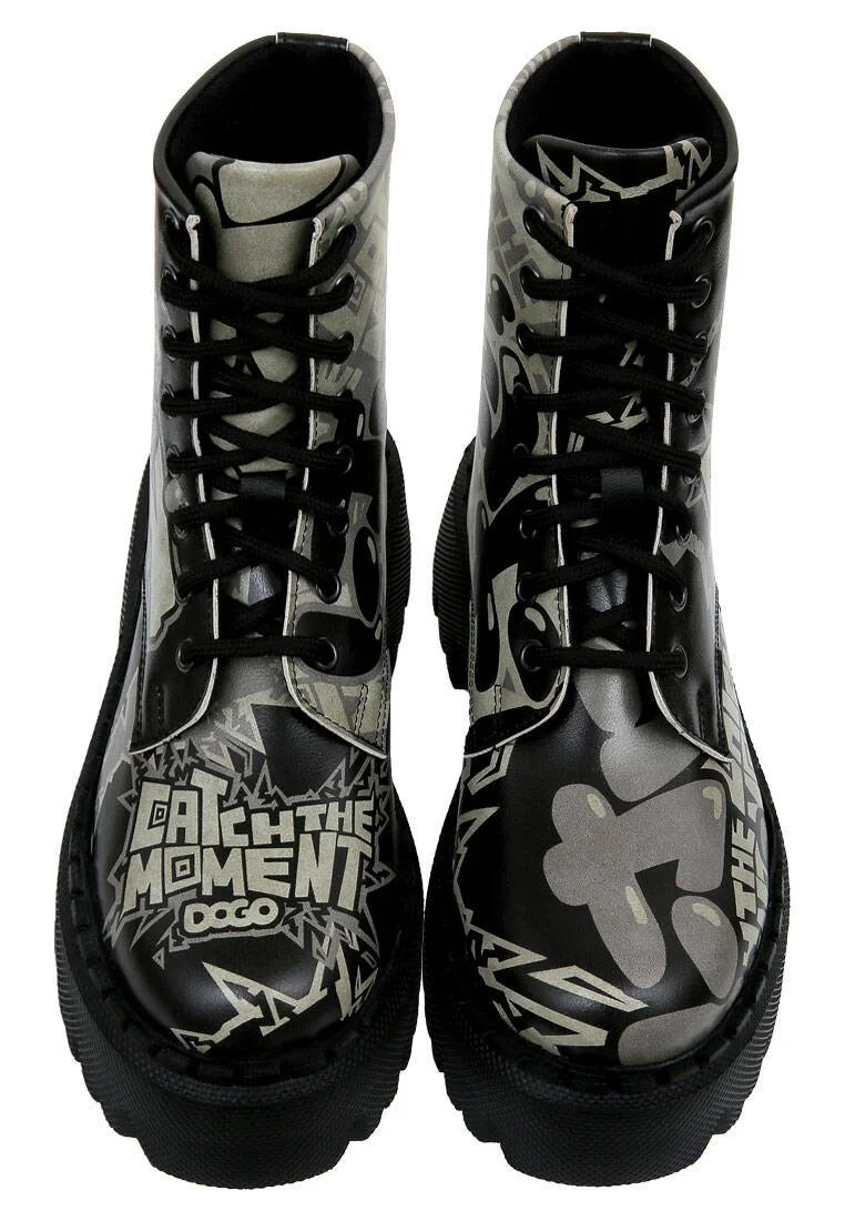 Femme Cuir Vegan Noir Bottes Longues - Catch the Moment Motif
