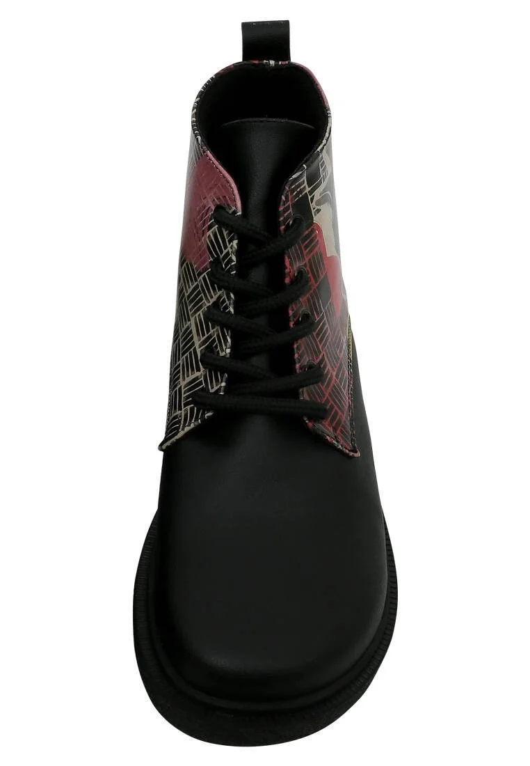 Femme Cuir Vegan Noir Bottines - Artsy Cat Collage Motif