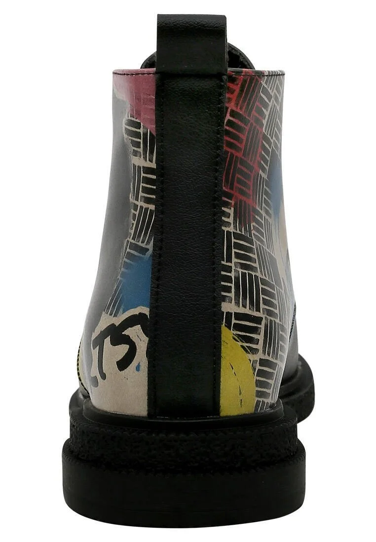 Femme Cuir Vegan Noir Bottines - Artsy Cat Collage Motif