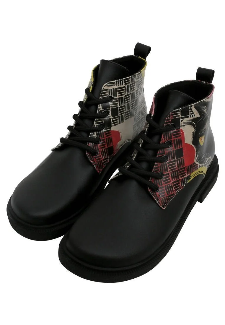 Femme Cuir Vegan Noir Bottines - Artsy Cat Collage Motif