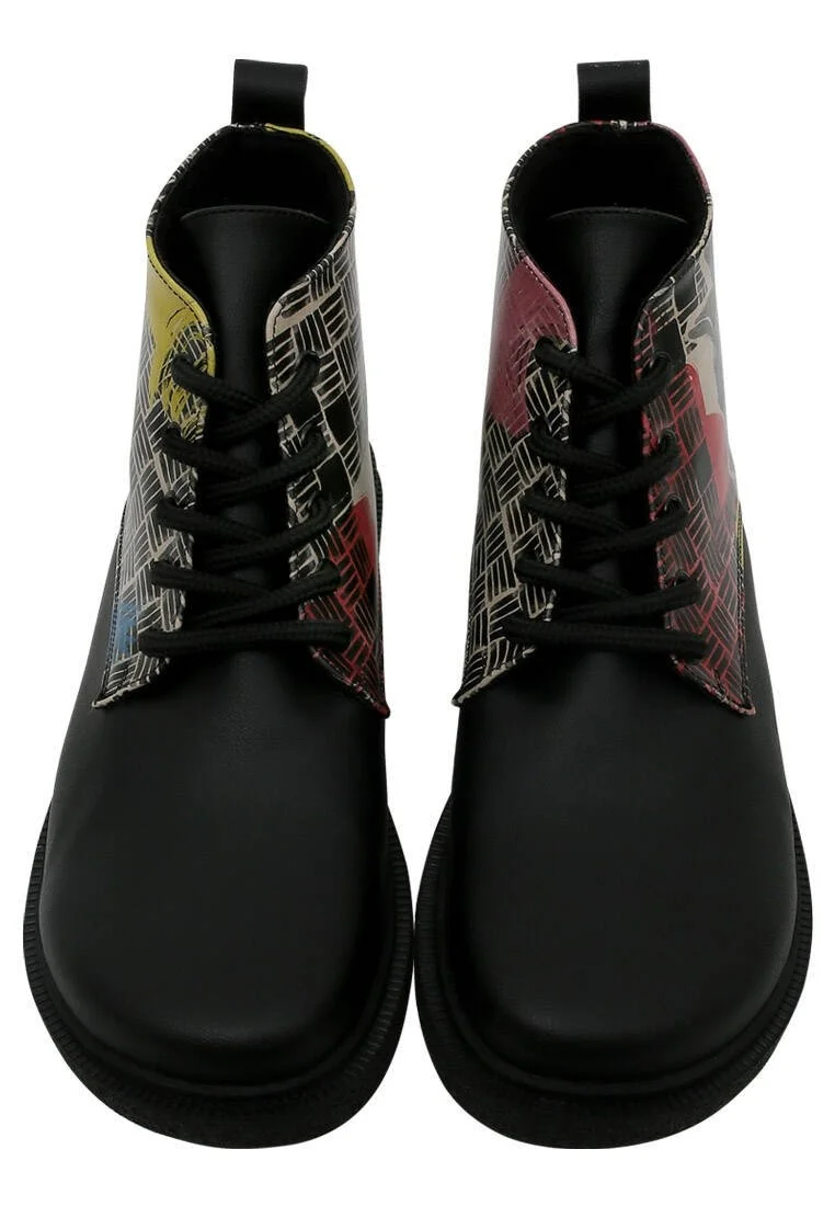 Femme Cuir Vegan Noir Bottines - Artsy Cat Collage Motif