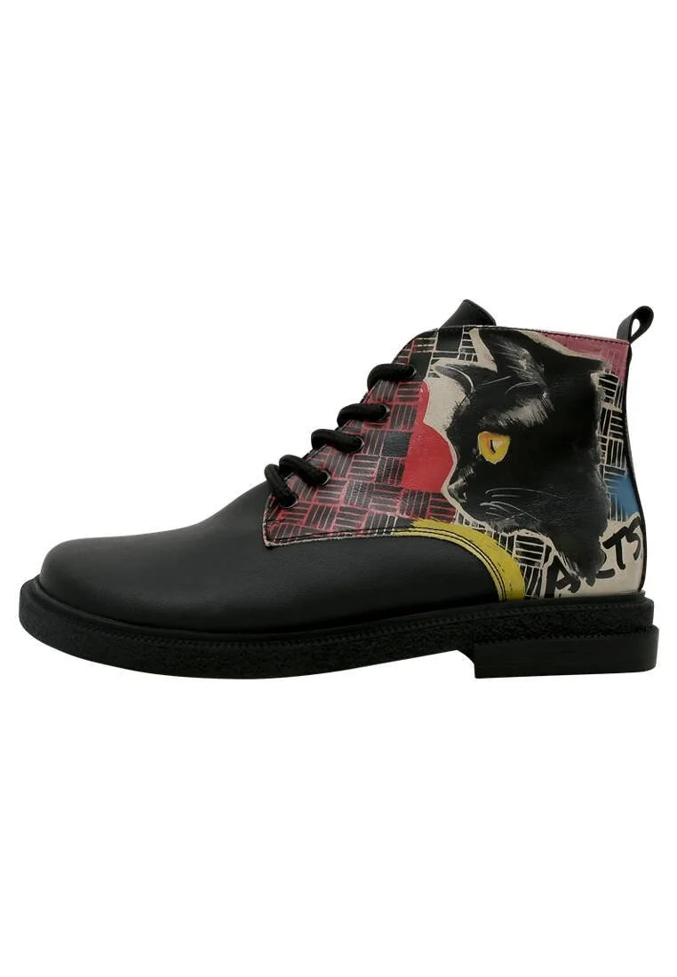 Femme Cuir Vegan Noir Bottines - Artsy Cat Collage Motif