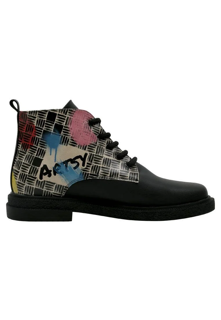 Femme Cuir Vegan Noir Bottines - Artsy Cat Collage Motif